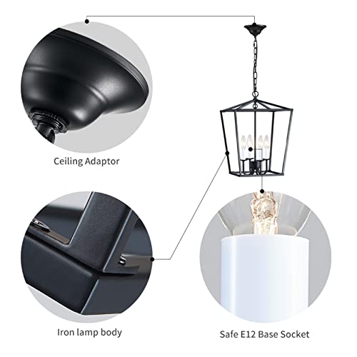 ANJIADENGSHI Lantern Pendant Light Industrial Vintage Lantern Iron Cage Hanging with 4 E12 Bulbs Lantern Chandelier for Traditional Dining Room Bar Cafe, Matte Black(Bulbs Not Included)