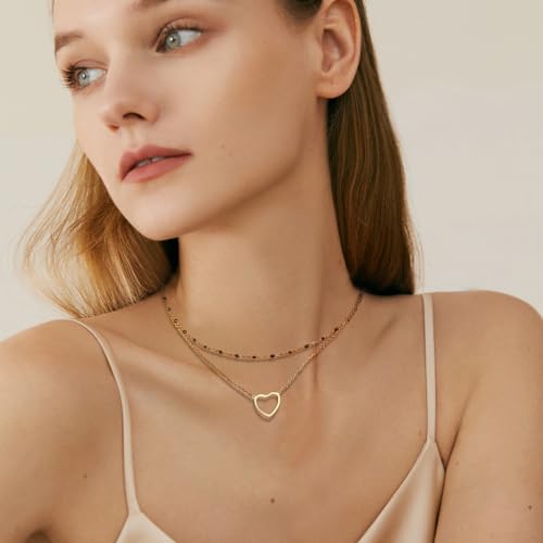 14K Gold Heart Layered Choker Necklace for Women - Perfect Birthday, Valentine's, Mother's Day Gift with Boho Beads