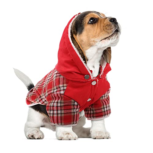 IKIPUKO Dog Winter Coat, Dog Fleece Jacket Dog Coat with Harness Hole Dog Hoodie with Hat Plaid Warm Dog Coat for Large Medium Small Dogs Puppy Hoodie Hooded Cold Weather Clothes(Red,L)