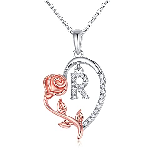 CZ Silver/Rose Gold Love Heart Rose Letter R Pendant Necklace