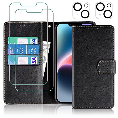 iPhone 14 Kickstand Wallet Case w/ 2 ea Screen/Camera Lens Protectors
