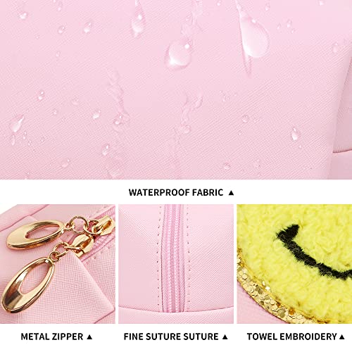 Miss or Miss Preppy Patch Small Toiletry Bag Smile Lightning Heart PU Leather Waterproof Makeup Cosmetic Bag Daily Use Storage Purse Travel Organizer Compliant Bag for Women Girls Gift Pink…