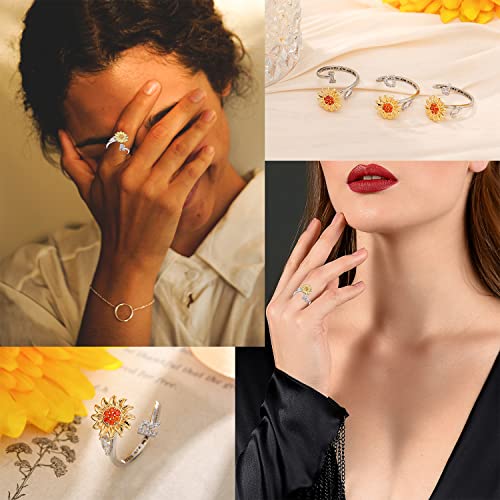 FUNEIA 925 Sterling Silver Fidget Ring for Women Adjustable Anxiety Ring for Women Fidget Spinner Ring for Anxiety Cubic Zirconia Sunflower