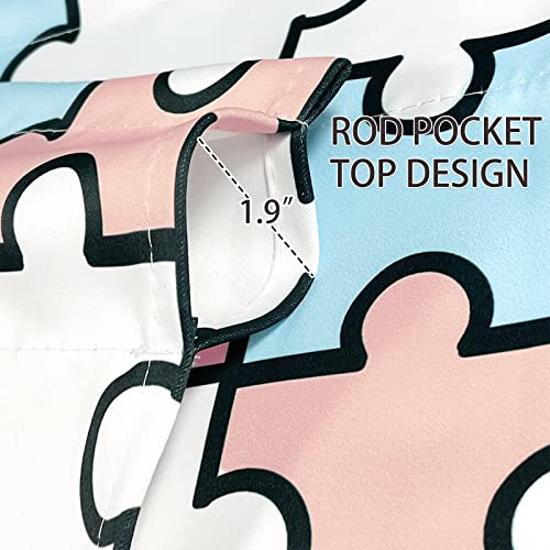 Valance for Kids Bedroom - Rod Pocket Jigsaw Puzzles Geometric Print, Short Curtain Panel for Nursery & Playroom, 52x18 inches, Blue & Pink