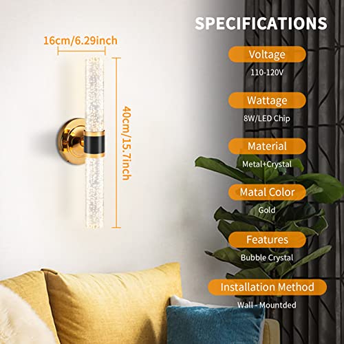 2pk 15.7" Gold Indoor LED Crystal Bubble Column Wall Sconces