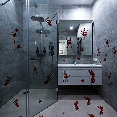 Halloween Decorations 6 Sheets Bloody Handprint Footprint 56 Pieces Halloween Window Wall Decal Floor Clings Scary Halloween Decoration Window Stickers PVC Reusable Material