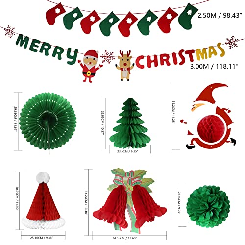 DUMETO 13pcs Christmas Party Decoration Supplies 3D Xmas Honeycomb Paper Lantern Decoration Set Hanging Christmas Decor Balls Festive Christmas Party Banner Supplies