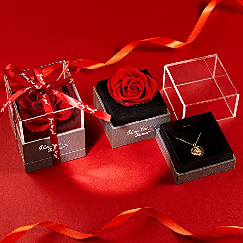 TMLW Preserved Red Real Rose with Heart Necklace, Gifts for Women Mom Her Wife Girlfriend on Christmas Valentines Day Mothers Day Anniversary Birthday, Romantic Gifts for Her