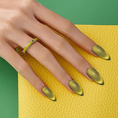 24pcs Handmade Almond Gold Glitter Cat Eye Press-On Nails w/ Black French Tip