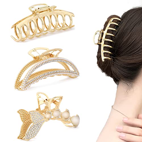 Large Metal Hair Claws for Women Moon Hair Claws for Thick Hair 5 Pack 4.3" Fancy Gold Pretty Pearl Rhinestones Claws for Girls Gift for Mom Wife Daughter Girlfriend Friends