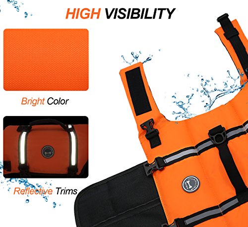 Vivaglory Ripstop Dog Life Vest, Reflective & Adjustable Life Jacket for Dogs with Rescue Handle for Swimming & Boating, Bright Orange, L