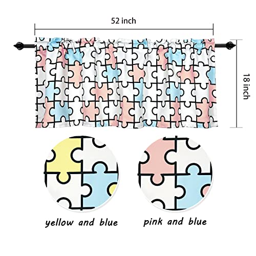 Valance for Kids Bedroom - Rod Pocket Jigsaw Puzzles Geometric Print, Short Curtain Panel for Nursery & Playroom, 52x18 inches, Blue & Pink