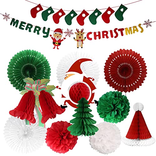 DUMETO 13pcs Christmas Party Decoration Supplies 3D Xmas Honeycomb Paper Lantern Decoration Set Hanging Christmas Decor Balls Festive Christmas Party Banner Supplies