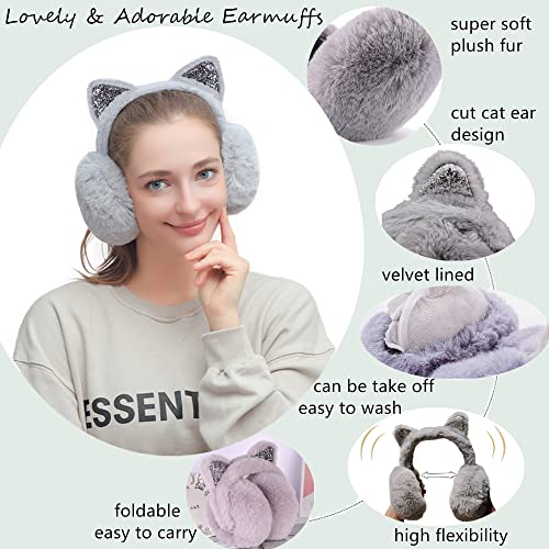 Eyegla Winter Ear Muffs for Women Fleece Ear Warmers Faux Fur Warm Cat Ear Earmuffs Foldable Outdoor Winter Ear Cover for Girls,Grey