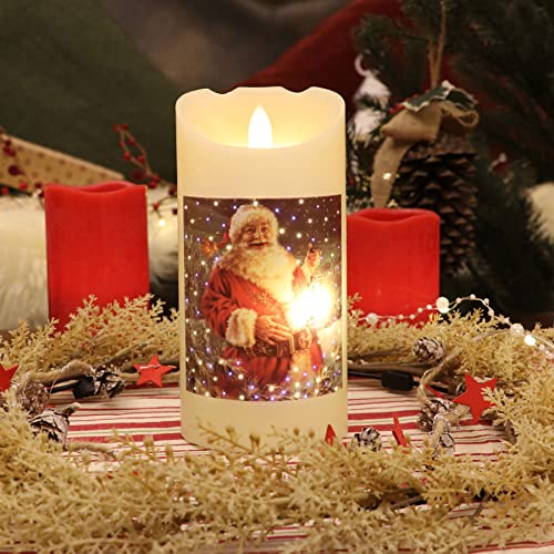 Rhytsing Santa Clause Real Wax Battery Operated Candles with Fiber Optic Led Lights, Table Light with Timer for Christmas Decoration, Batteries Included