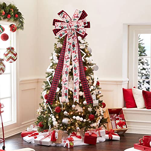 Christmas Tree Topper Bow, 29 Inch Long Ribbon Rustic Tree Topper, Red Beige Large Buffalo Plaid Xmas Bow Tree Topper with Streamer Wired Edge for Christmas Decoration, 37x13 Inch