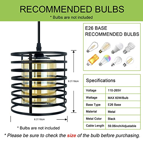 Scolii Industrial Pendant Light,Black Iron Cage,Adjustable Cable Hanging 4.9Ft,Amber Glass Shade ,Light Fixtures,E26 Socket φ6.3‘’×H6.3‘’(Bulbs Not Included)