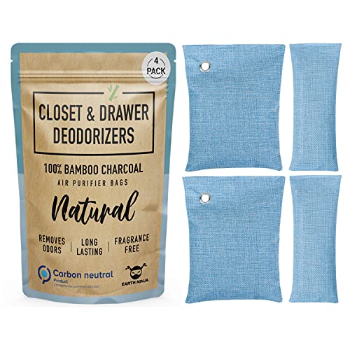 Closet and Drawer Deodorizer Bags (4 Pack) - Naturally Absorbs and Eliminates Closet Odors- 2 XL Closet Deodorizers and 2 Drawer Deodorizers - Unscented and Organic Charcoal Closet Odor Eliminator