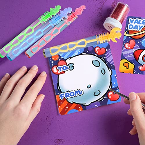 Nasidear 42 Pack Valentines Day Cards Gifts Cards for Kids with Mini Bubble Wands,Space themed Valentine Classroom Exchange Cards,Valentine's Greeting Cards for Valentines Party Favors