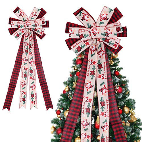 Christmas Tree Topper Bow, 29 Inch Long Ribbon Rustic Tree Topper, Red Beige Large Buffalo Plaid Xmas Bow Tree Topper with Streamer Wired Edge for Christmas Decoration, 37x13 Inch