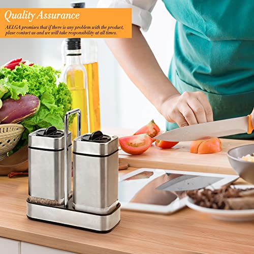 Salt and Pepper Shakers Set with Holder-Stainless Steel Salt Shaker with Adjustable Pour Holes-Set of 2 by Aelga