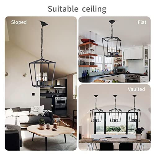 ANJIADENGSHI Lantern Pendant Light Industrial Vintage Lantern Iron Cage Hanging with 4 E12 Bulbs Lantern Chandelier for Traditional Dining Room Bar Cafe, Matte Black(Bulbs Not Included)