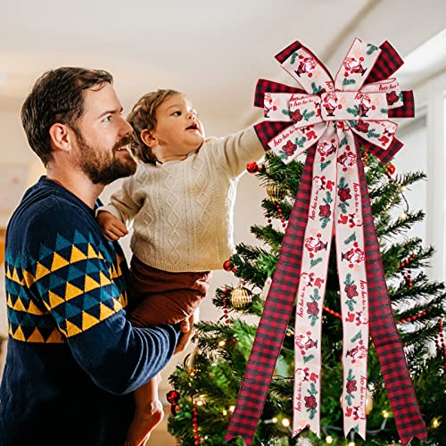 Christmas Tree Topper Bow, 29 Inch Long Ribbon Rustic Tree Topper, Red Beige Large Buffalo Plaid Xmas Bow Tree Topper with Streamer Wired Edge for Christmas Decoration, 37x13 Inch