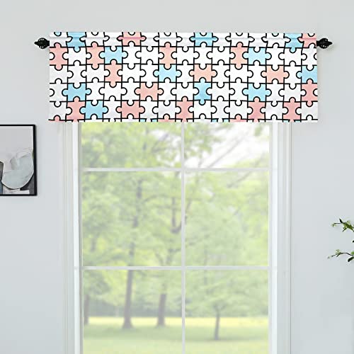 Valance for Kids Bedroom - Rod Pocket Jigsaw Puzzles Geometric Print, Short Curtain Panel for Nursery & Playroom, 52x18 inches, Blue & Pink