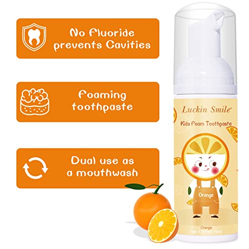 Kids Fluoride Free Foaming Toothpaste, Fruit Flavor, Kids Orange Foam Toothpaste to Reduce Plaque for Electric or U-Shaped Toothbrush for Children Ages 3 and Up