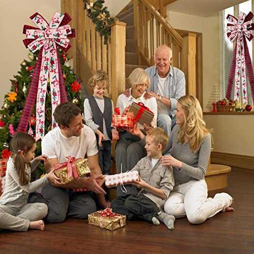 Christmas Tree Topper Bow, 29 Inch Long Ribbon Rustic Tree Topper, Red Beige Large Buffalo Plaid Xmas Bow Tree Topper with Streamer Wired Edge for Christmas Decoration, 37x13 Inch