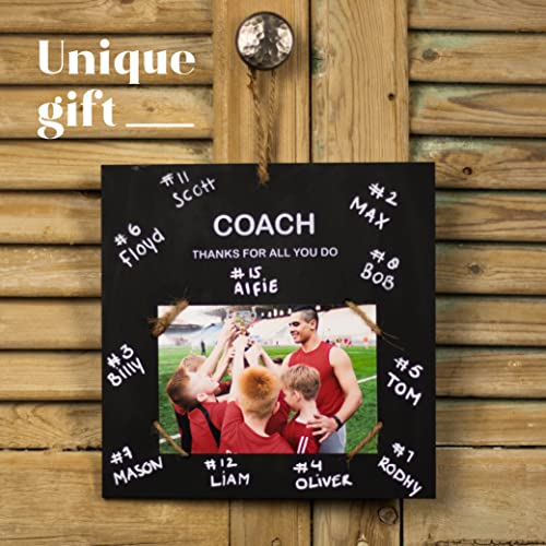 Aurora-Luxe Picture Frame Coach Gift 9x9'' - Real Blackboard Wood Holds 4x6'' Pic with White Text Thanks For All You Do. Handmade Natural Twine. Great Student, Teacher Appreciation in Sports, Black