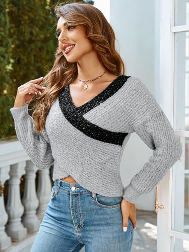 Chic Gray Women's Sparkly V-Neck Color Block Cropped Sweater for Trendy Fall Fashion
