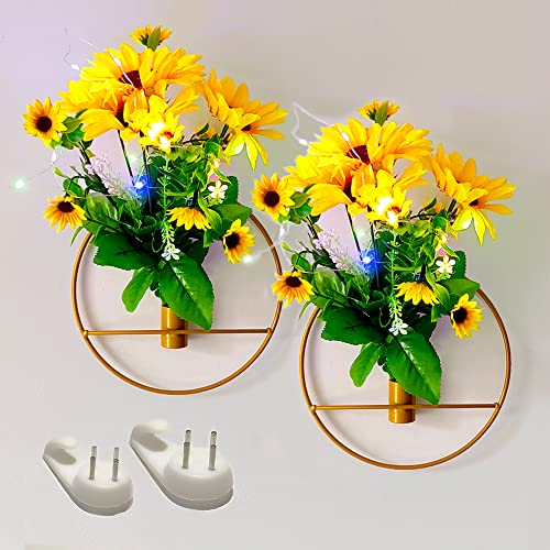 2pk Artificial Sunflower Bouquets w/ LED String Lights & Gold Metal Wall Mounts
