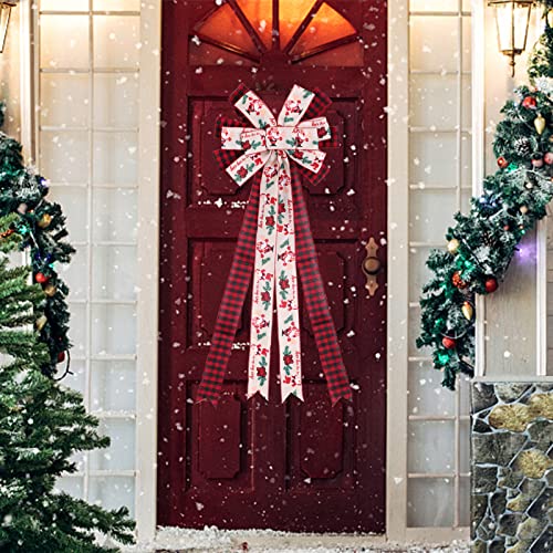 Christmas Tree Topper Bow, 29 Inch Long Ribbon Rustic Tree Topper, Red Beige Large Buffalo Plaid Xmas Bow Tree Topper with Streamer Wired Edge for Christmas Decoration, 37x13 Inch