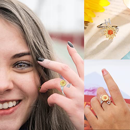 FUNEIA 925 Sterling Silver Fidget Ring for Women Adjustable Anxiety Ring for Women Fidget Spinner Ring for Anxiety Cubic Zirconia Sunflower