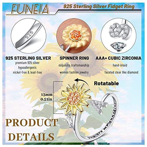 FUNEIA 925 Sterling Silver Fidget Ring for Women Adjustable Anxiety Ring for Women Fidget Spinner Ring for Anxiety Cubic Zirconia Sunflower
