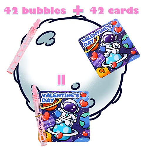 Nasidear 42 Pack Valentines Day Cards Gifts Cards for Kids with Mini Bubble Wands,Space themed Valentine Classroom Exchange Cards,Valentine's Greeting Cards for Valentines Party Favors