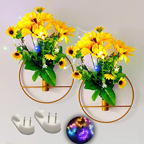 2pk Artificial Sunflower Bouquets w/ LED String Lights & Gold Metal Wall Mounts