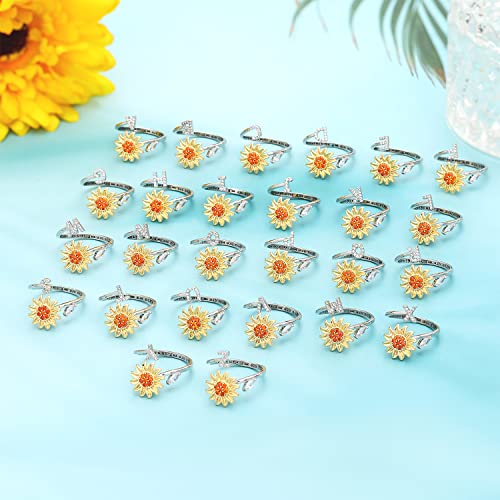 FUNEIA 925 Sterling Silver Fidget Ring for Women Adjustable Anxiety Ring for Women Fidget Spinner Ring for Anxiety Cubic Zirconia Sunflower