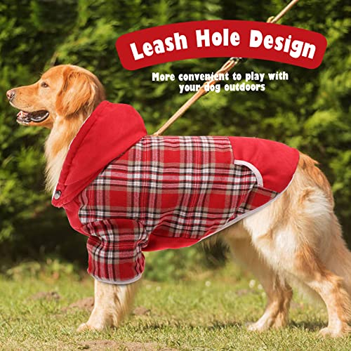 IKIPUKO Dog Winter Coat, Dog Fleece Jacket Dog Coat with Harness Hole Dog Hoodie with Hat Plaid Warm Dog Coat for Large Medium Small Dogs Puppy Hoodie Hooded Cold Weather Clothes(Red,L)