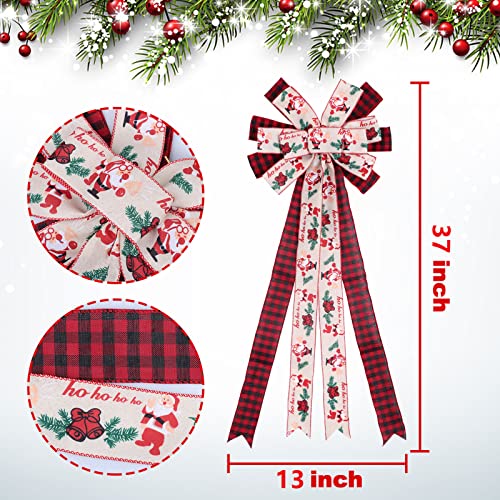 Christmas Tree Topper Bow, 29 Inch Long Ribbon Rustic Tree Topper, Red Beige Large Buffalo Plaid Xmas Bow Tree Topper with Streamer Wired Edge for Christmas Decoration, 37x13 Inch