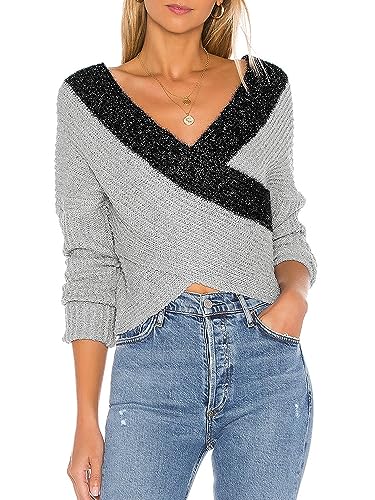 Chic Gray Women's Sparkly V-Neck Color Block Cropped Sweater for Trendy Fall Fashion
