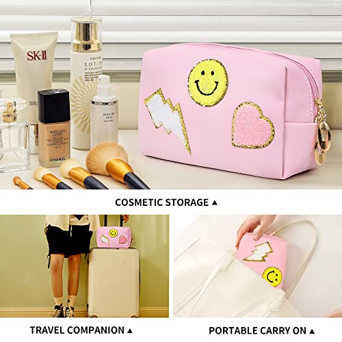 Miss or Miss Preppy Patch Small Toiletry Bag Smile Lightning Heart PU Leather Waterproof Makeup Cosmetic Bag Daily Use Storage Purse Travel Organizer Compliant Bag for Women Girls Gift Pink…