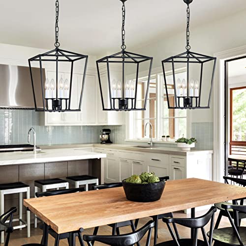 ANJIADENGSHI Lantern Pendant Light Industrial Vintage Lantern Iron Cage Hanging with 4 E12 Bulbs Lantern Chandelier for Traditional Dining Room Bar Cafe, Matte Black(Bulbs Not Included)