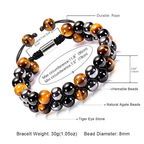Adjustable Triple Protection Bracelet 8mm Yellow Tiger Eye/Hematite/Agate Beads