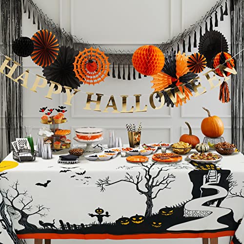 Waterproof 60 x 102 Inch Halloween Tablecloth - Pumpkin and Spider Web Design, Wrinkle Resistant, Washable Table Cover for Indoor & Outdoor Parties