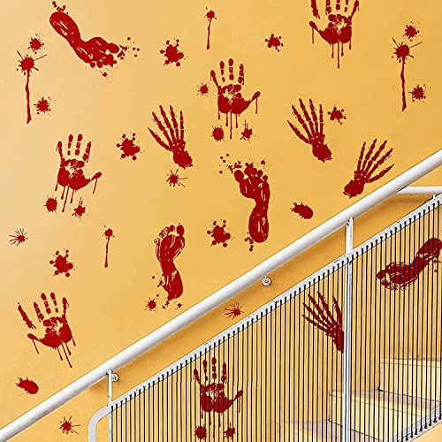 Halloween Decorations 6 Sheets Bloody Handprint Footprint 56 Pieces Halloween Window Wall Decal Floor Clings Scary Halloween Decoration Window Stickers PVC Reusable Material