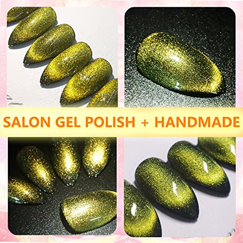 24pcs Handmade Almond Gold Glitter Cat Eye Press-On Nails w/ Black French Tip