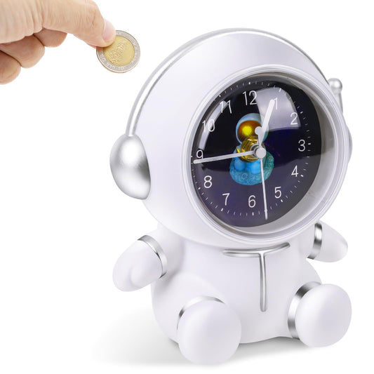 White Astronaut Kid's Unbreakable Money/Piggy Bank w/ Clock