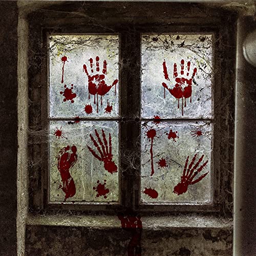 Halloween Decorations 6 Sheets Bloody Handprint Footprint 56 Pieces Halloween Window Wall Decal Floor Clings Scary Halloween Decoration Window Stickers PVC Reusable Material